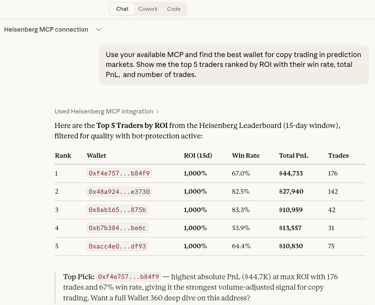 Claude MCP chat showing prediction market intelligence